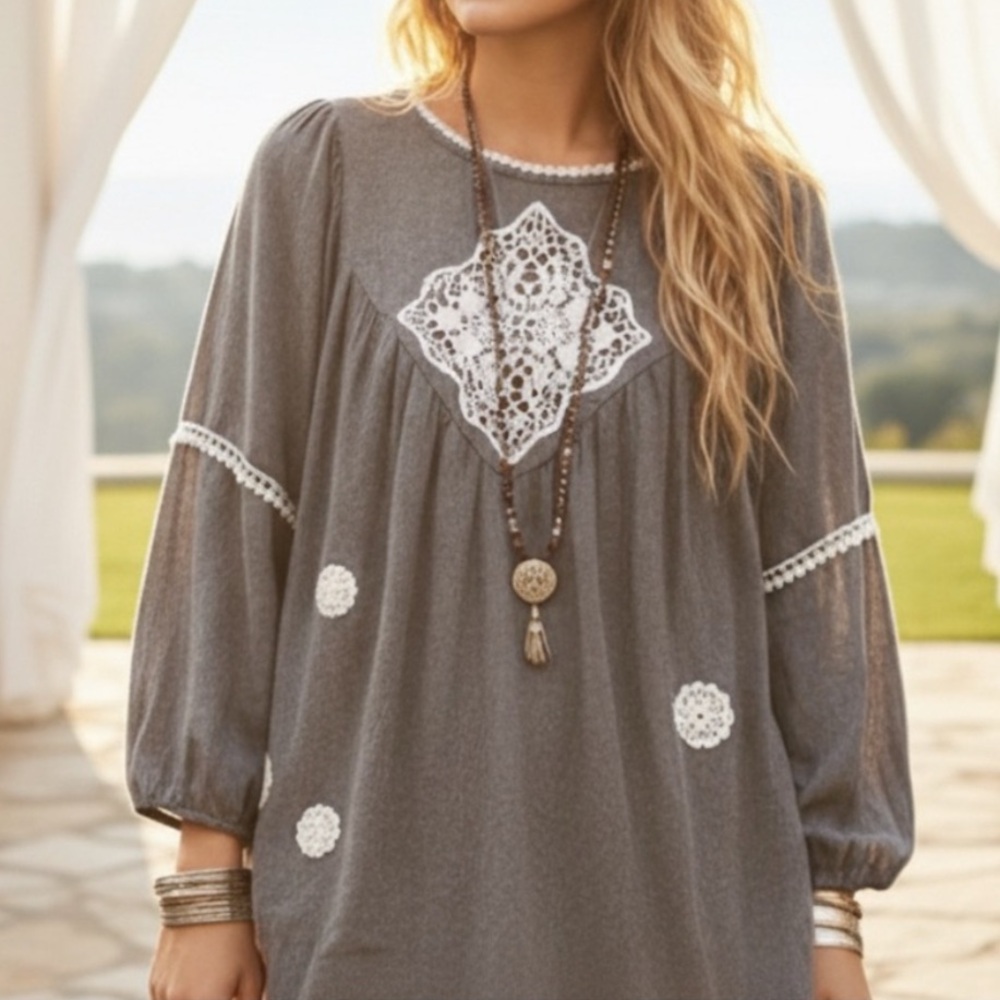 46# Zara Gray Puff Sleeve Blouse with Crochet Detail